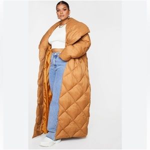 Pretty Little Things Plus Camel Colored Quilted Long Line Maxi Puffer Coat Sz 1X